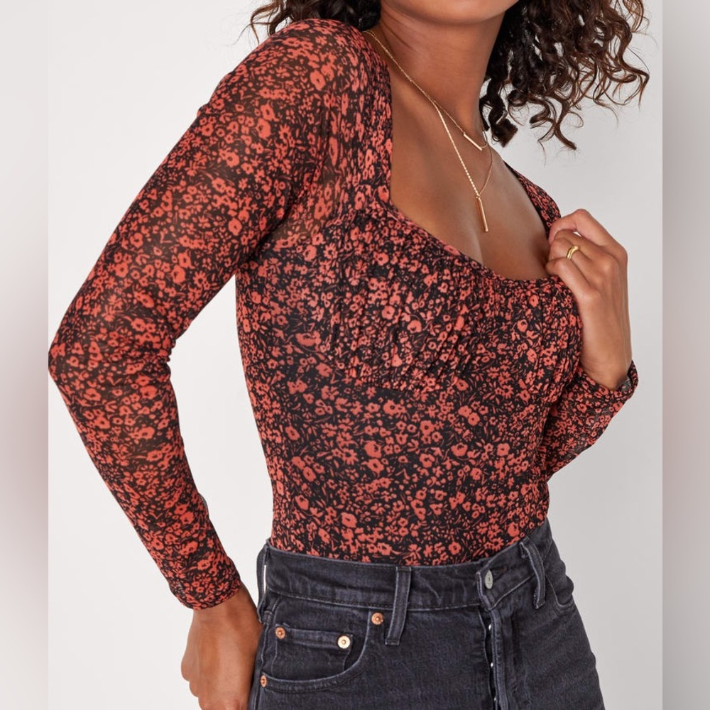 NWOT Lulu’s Major Aesthetic Black and Orange Floral Mesh Bodysuit
